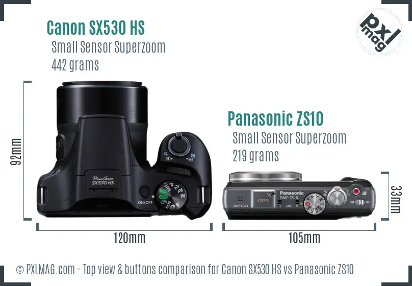 Canon SX530 HS vs Panasonic ZS10 top view buttons comparison
