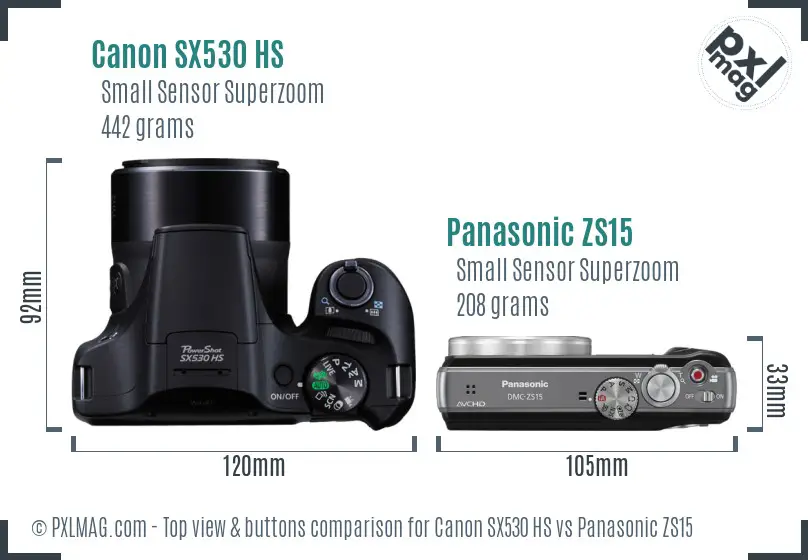 Canon SX530 HS vs Panasonic ZS15 top view buttons comparison