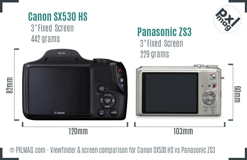 Canon SX530 HS vs Panasonic ZS3 Screen and Viewfinder comparison