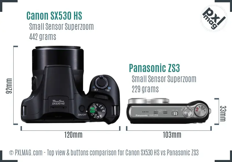 Canon SX530 HS vs Panasonic ZS3 top view buttons comparison