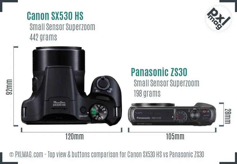 Canon SX530 HS vs Panasonic ZS30 top view buttons comparison Canon SX530 HS vs Panasonic ZS30 top view buttons comparison
