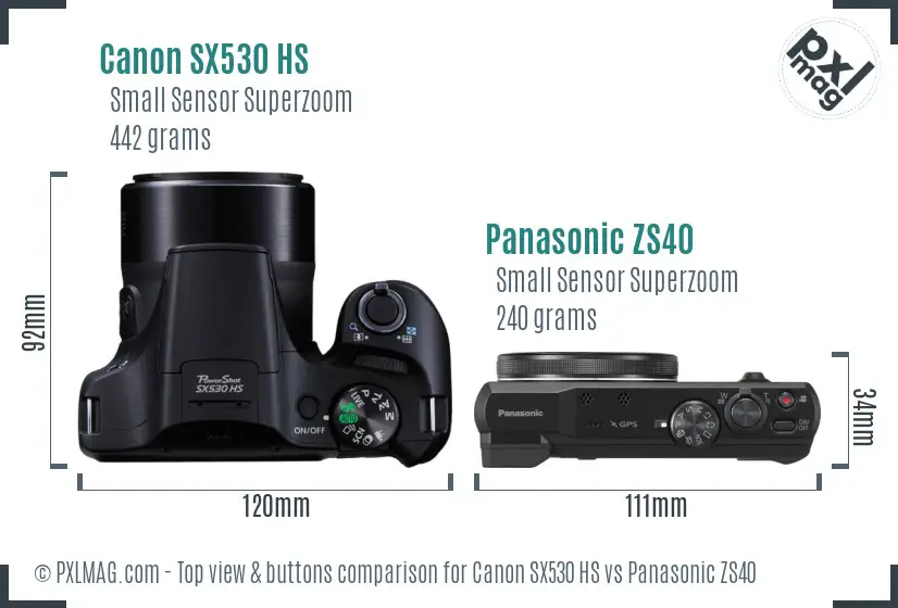 Canon SX530 HS vs Panasonic ZS40 top view buttons comparison