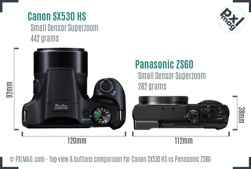 Canon SX530 HS vs Panasonic ZS60 top view buttons comparison Canon SX530 HS vs Panasonic ZS60 top view buttons comparison