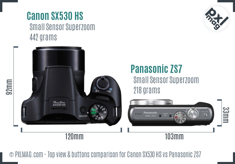 Canon SX530 HS vs Panasonic ZS7 top view buttons comparison