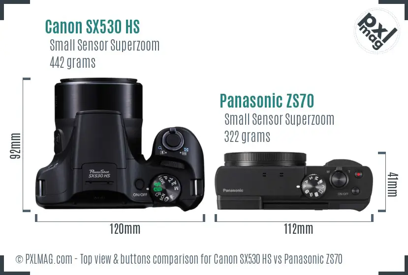 Canon SX530 HS vs Panasonic ZS70 top view buttons comparison