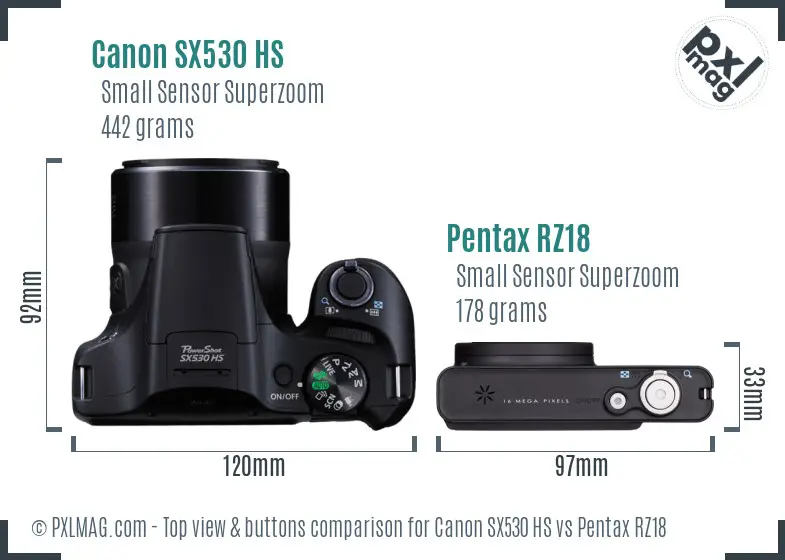 Canon SX530 HS vs Pentax RZ18 top view buttons comparison