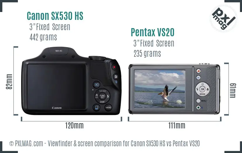 Canon SX530 HS vs Pentax VS20 Screen and Viewfinder comparison