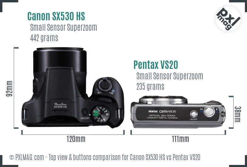 Canon SX530 HS vs Pentax VS20 top view buttons comparison