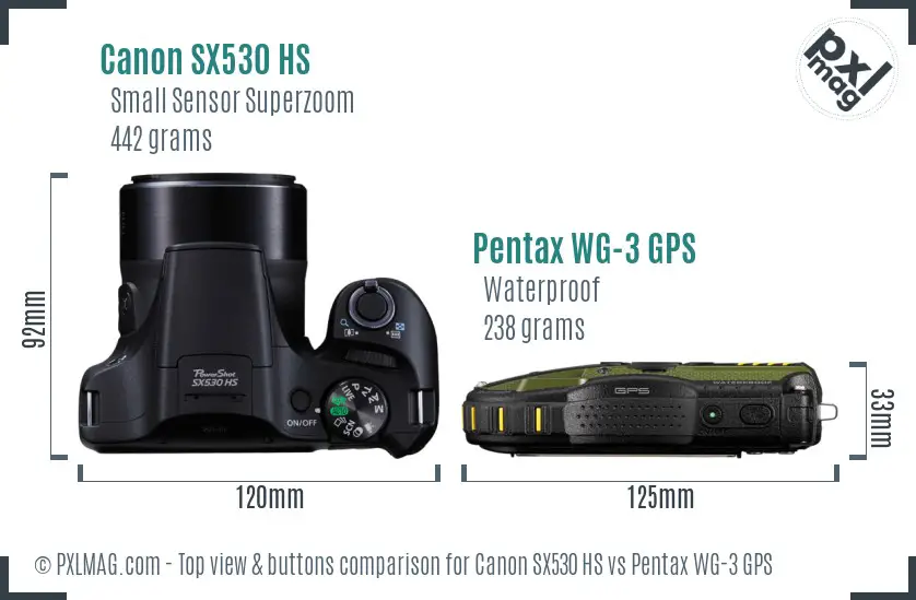 Canon SX530 HS vs Pentax WG-3 GPS top view buttons comparison