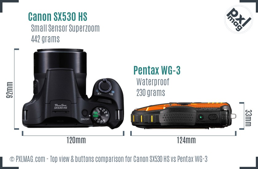 Canon SX530 HS vs Pentax WG-3 top view buttons comparison