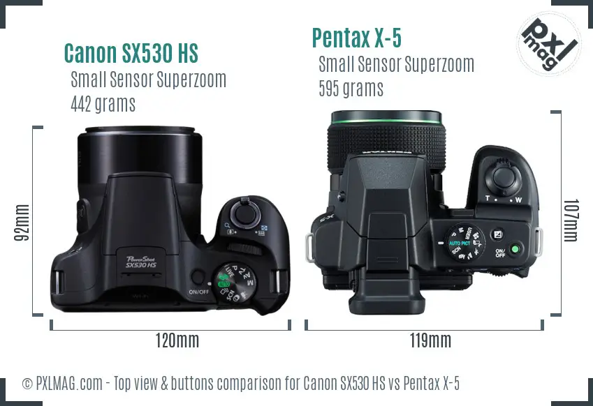 Canon SX530 HS vs Pentax X-5 top view buttons comparison