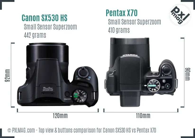 Canon SX530 HS vs Pentax X70 top view buttons comparison