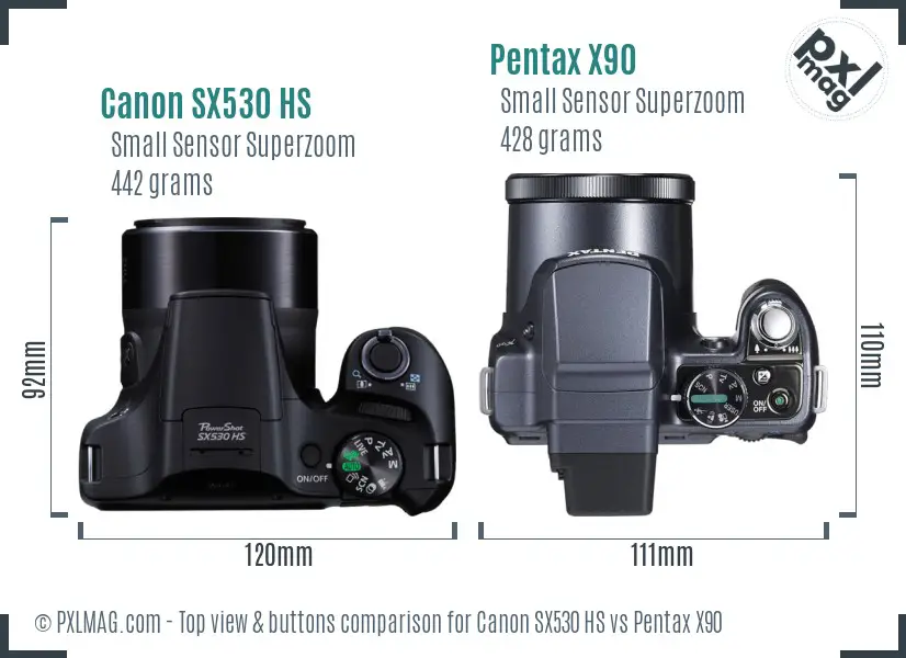 Canon SX530 HS vs Pentax X90 top view buttons comparison