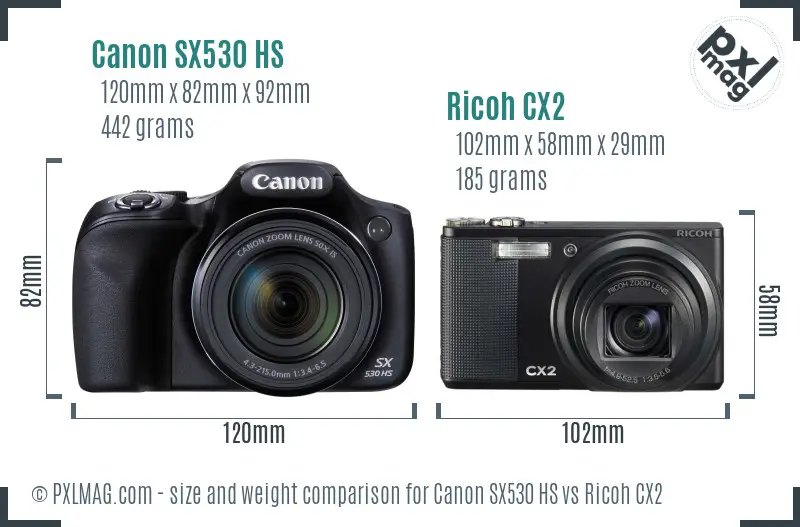Canon SX530 HS vs Ricoh CX2 size comparison