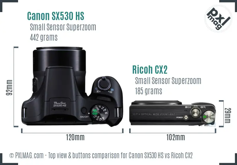 Canon SX530 HS vs Ricoh CX2 top view buttons comparison