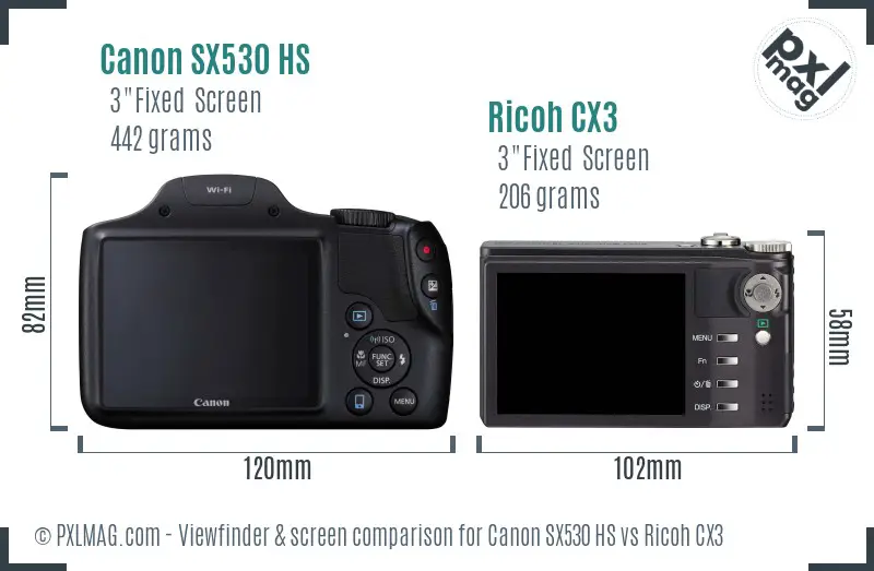 Canon SX530 HS vs Ricoh CX3 Screen and Viewfinder comparison