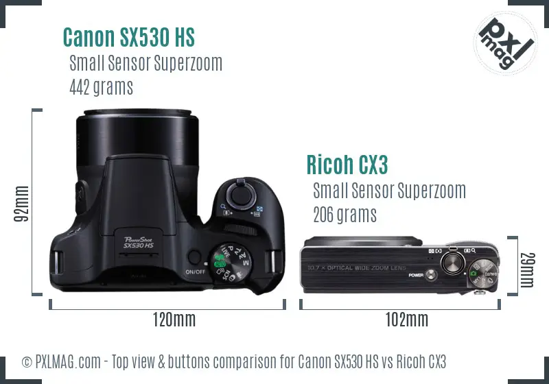 Canon SX530 HS vs Ricoh CX3 top view buttons comparison