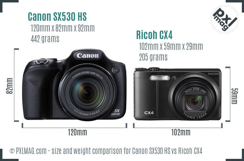 Canon SX530 HS vs Ricoh CX4 size comparison