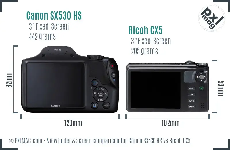 Canon SX530 HS vs Ricoh CX5 Screen and Viewfinder comparison