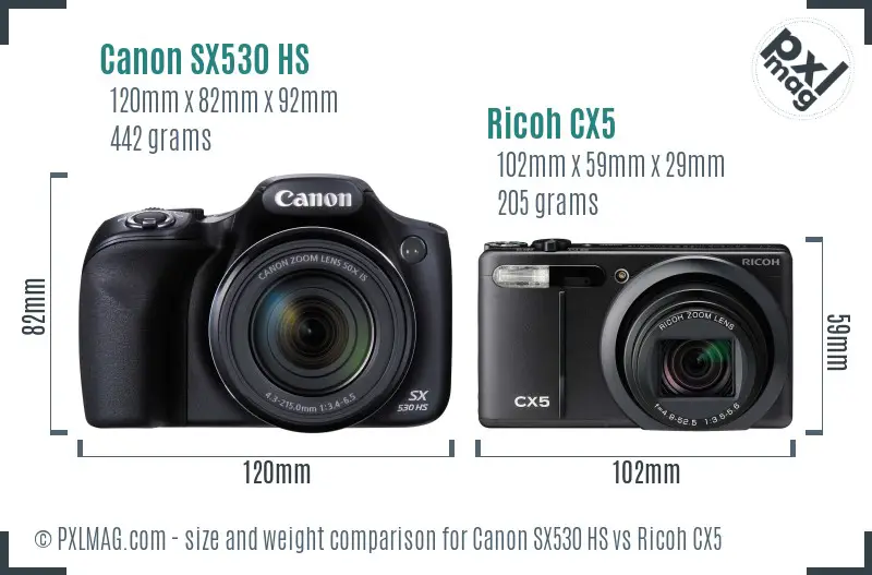 Canon SX530 HS vs Ricoh CX5 size comparison