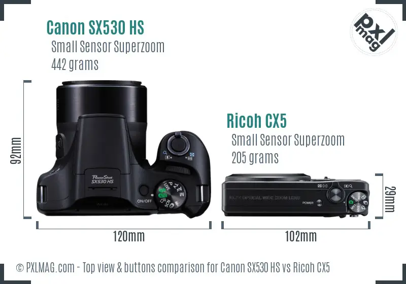 Canon SX530 HS vs Ricoh CX5 top view buttons comparison