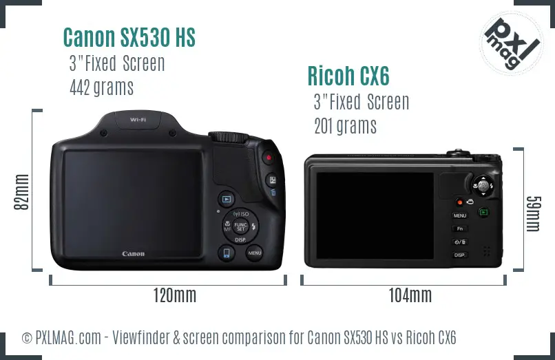 Canon SX530 HS vs Ricoh CX6 Screen and Viewfinder comparison