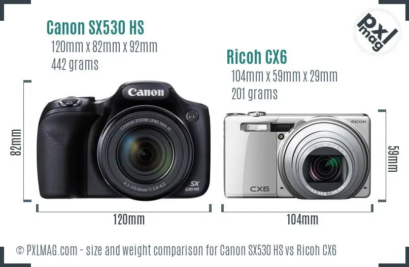 Canon SX530 HS vs Ricoh CX6 size comparison