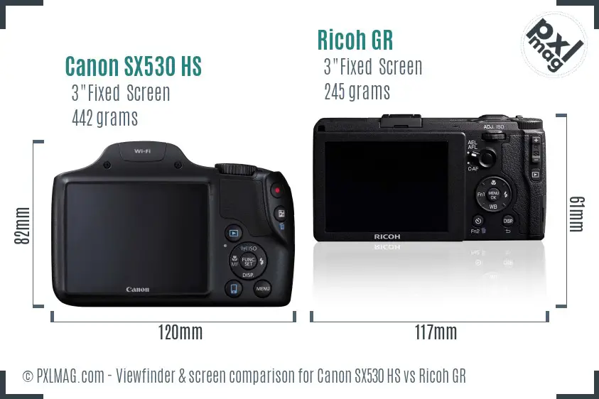 Canon SX530 HS vs Ricoh GR Screen and Viewfinder comparison