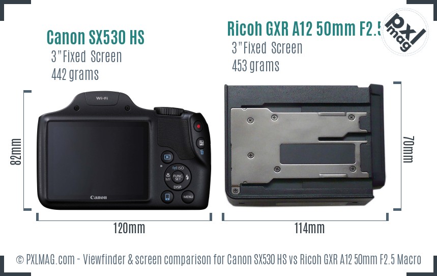 Canon SX530 HS vs Ricoh GXR A12 50mm F2.5 Macro Screen and Viewfinder comparison