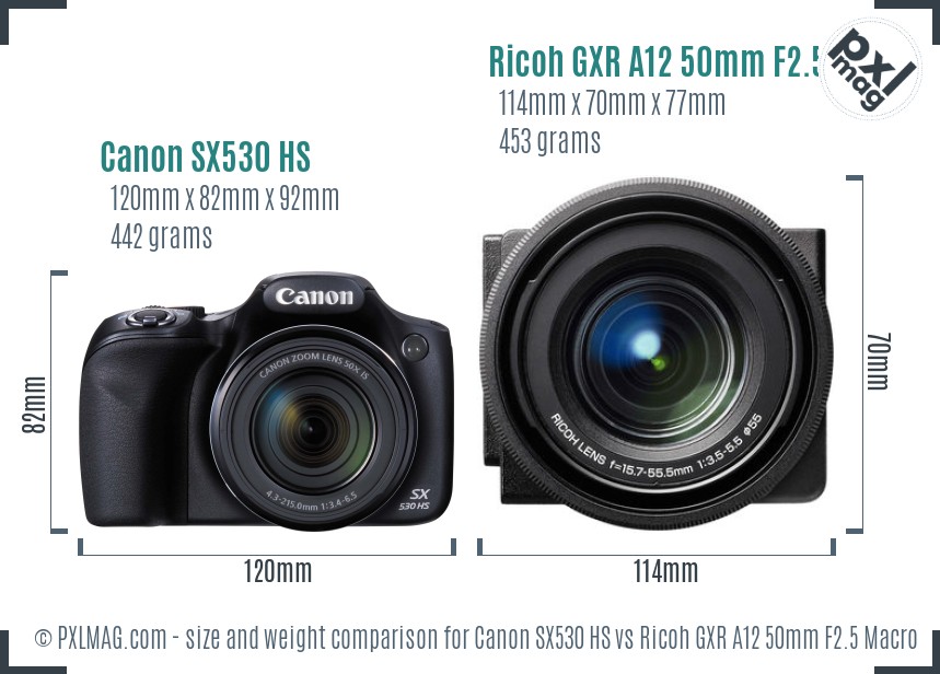 Canon SX530 HS vs Ricoh GXR A12 50mm F2.5 Macro size comparison Canon SX530 HS vs Ricoh GXR A12 50mm F2.5 Macro size comparison