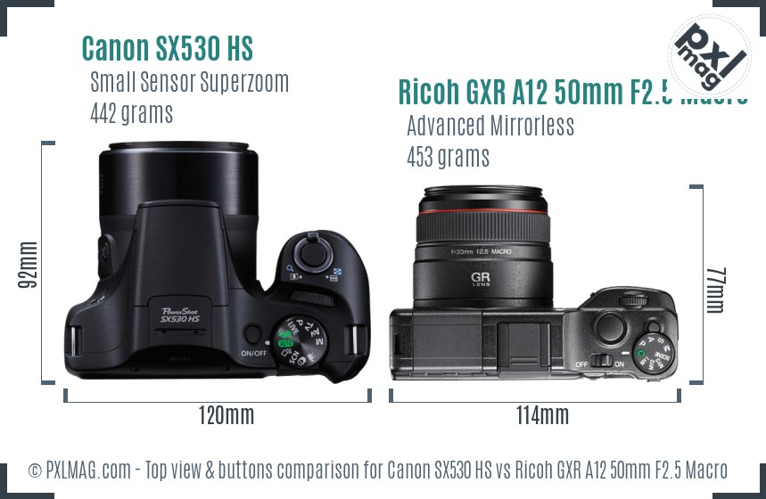 Canon SX530 HS vs Ricoh GXR A12 50mm F2.5 Macro top view buttons comparison