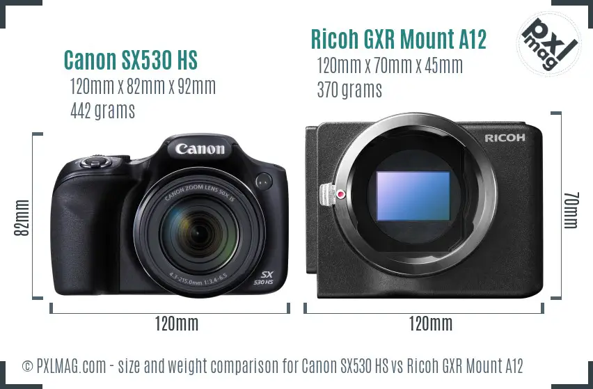 Canon SX530 HS vs Ricoh GXR Mount A12 size comparison Canon SX530 HS vs Ricoh GXR Mount A12 size comparison