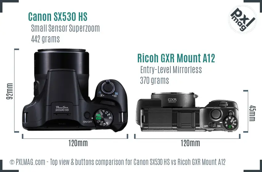 Canon SX530 HS vs Ricoh GXR Mount A12 top view buttons comparison Canon SX530 HS vs Ricoh GXR Mount A12 top view buttons comparison