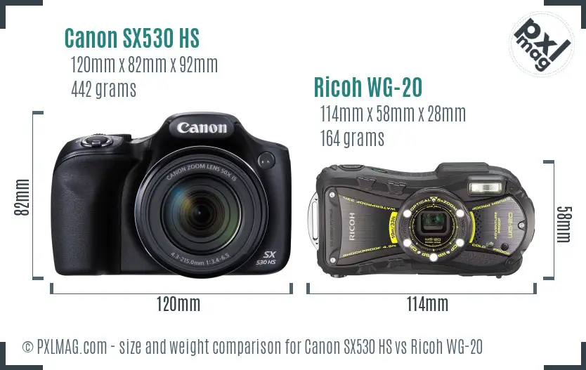 Canon SX530 HS vs Ricoh WG-20 size comparison