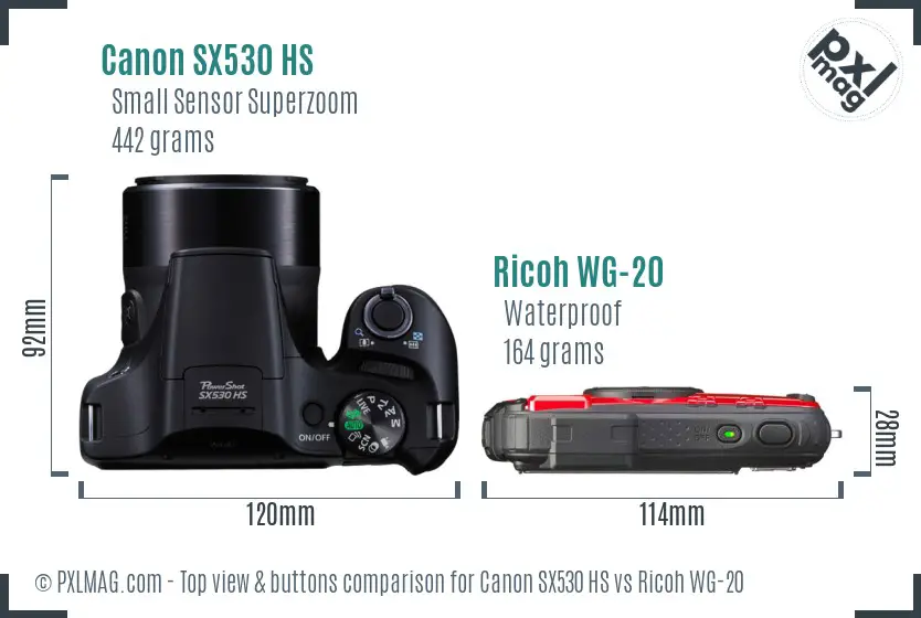 Canon SX530 HS vs Ricoh WG-20 top view buttons comparison