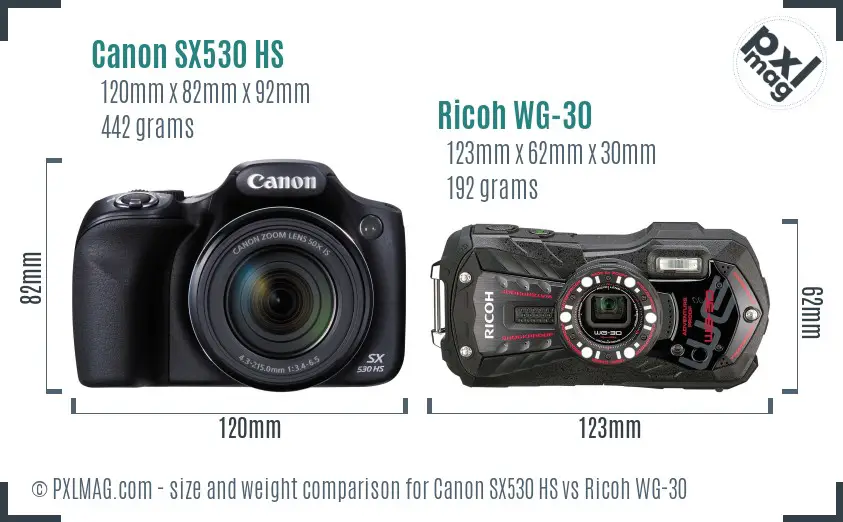 Canon SX530 HS vs Ricoh WG-30 size comparison