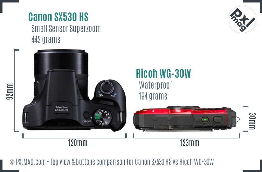 Canon SX530 HS vs Ricoh WG-30W top view buttons comparison