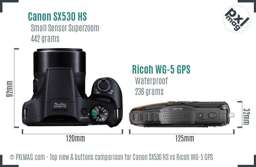 Canon SX530 HS vs Ricoh WG-5 GPS top view buttons comparison