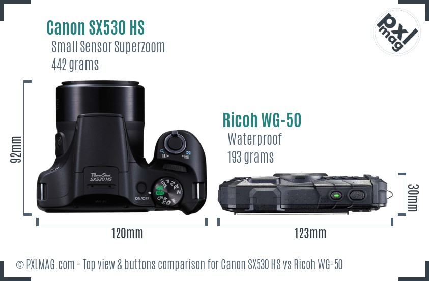 Canon SX530 HS vs Ricoh WG-50 top view buttons comparison