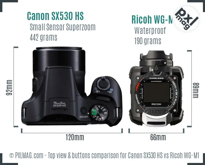 Canon SX530 HS vs Ricoh WG-M1 top view buttons comparison