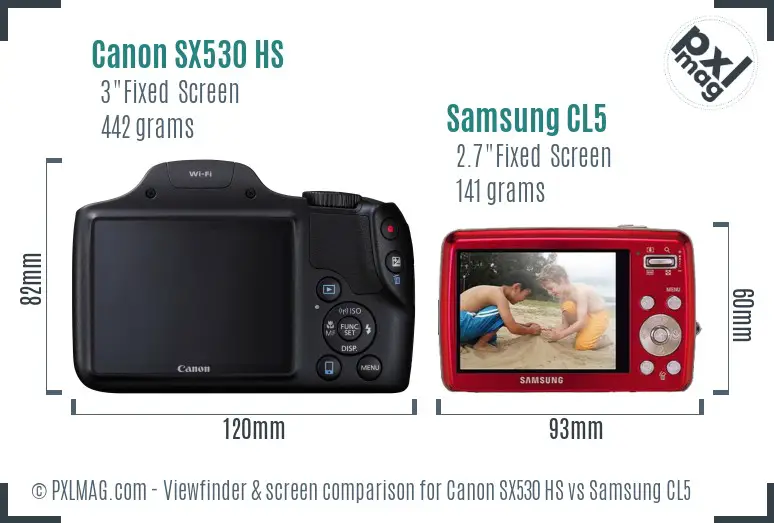 Canon SX530 HS vs Samsung CL5 Screen and Viewfinder comparison