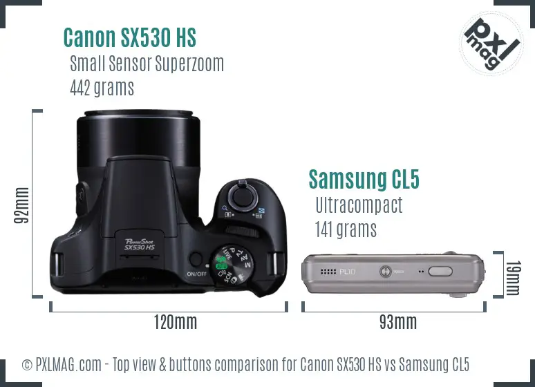 Canon SX530 HS vs Samsung CL5 top view buttons comparison