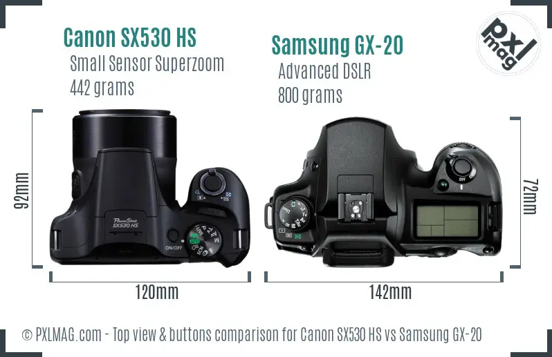 Canon SX530 HS vs Samsung GX-20 top view buttons comparison