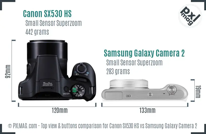 Canon SX530 HS vs Samsung Galaxy Camera 2 top view buttons comparison