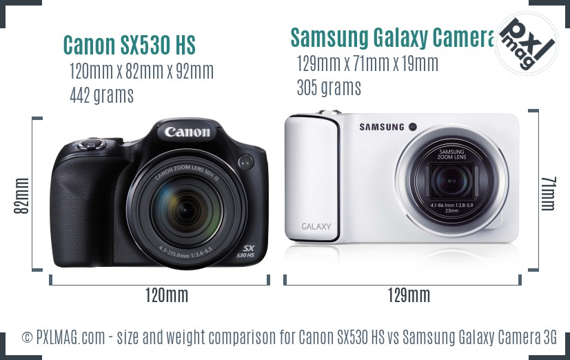 Canon SX530 HS vs Samsung Galaxy Camera 3G size comparison