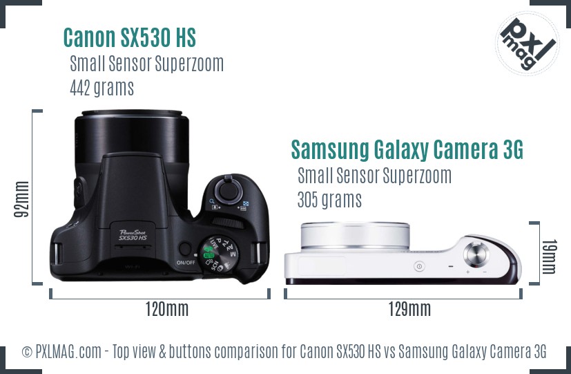 Canon SX530 HS vs Samsung Galaxy Camera 3G top view buttons comparison