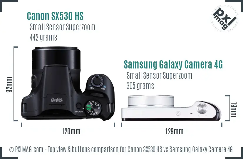 Canon SX530 HS vs Samsung Galaxy Camera 4G top view buttons comparison