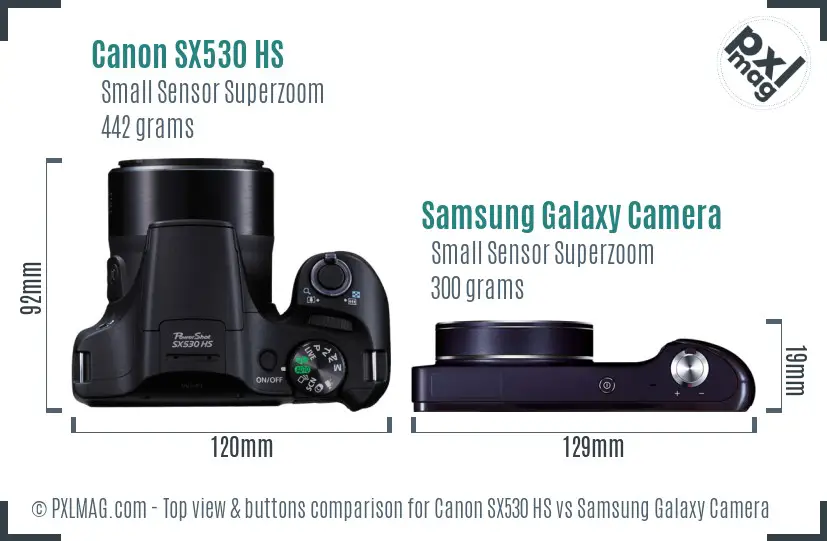 Canon SX530 HS vs Samsung Galaxy Camera top view buttons comparison