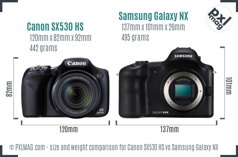 Canon SX530 HS vs Samsung Galaxy NX size comparison
