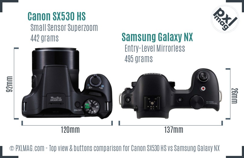 Canon SX530 HS vs Samsung Galaxy NX top view buttons comparison